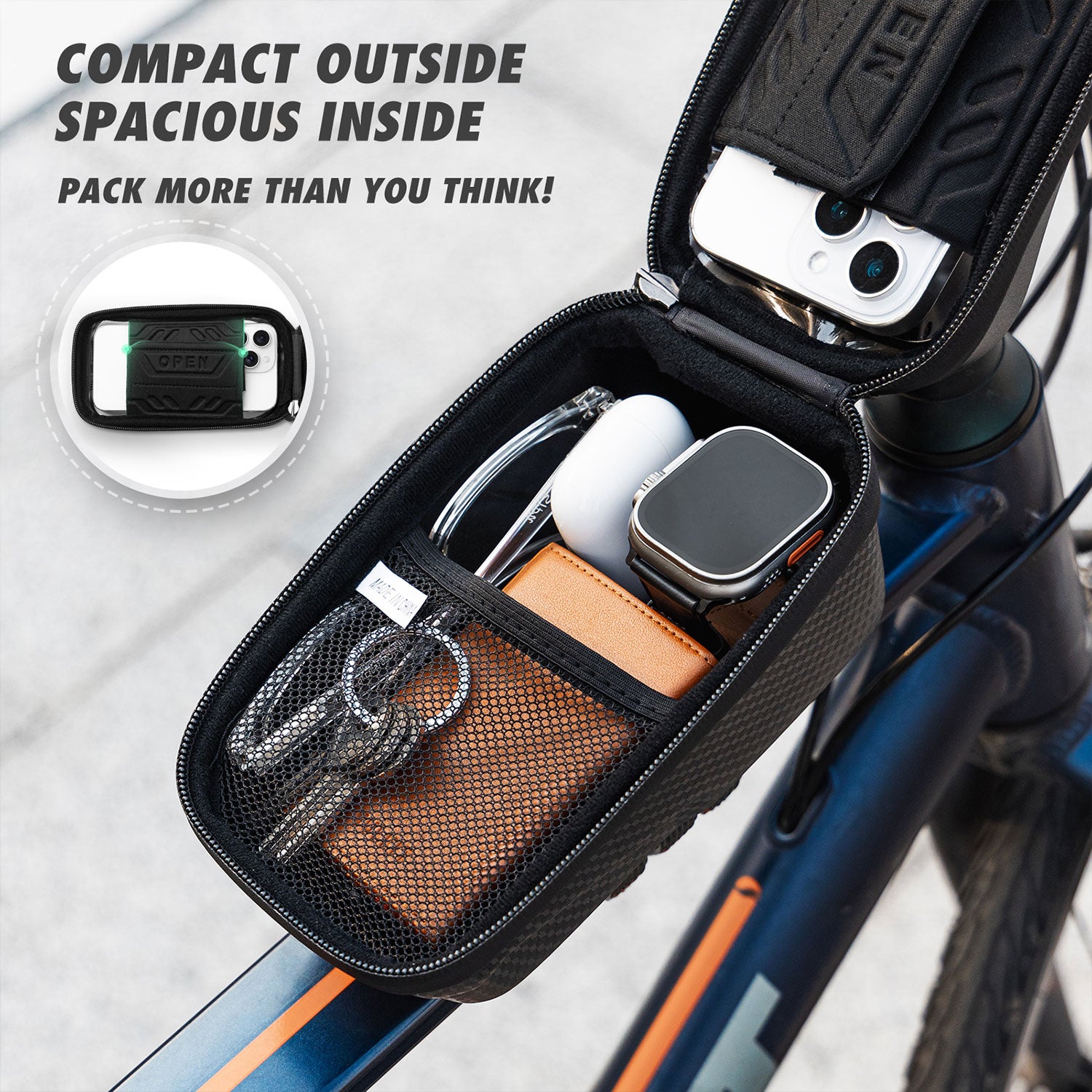 VBB100 - Bike Frame Bag with Touchscreen Phone Holder, Waterproof Cycling Pouch for Road and Mountain Bikes