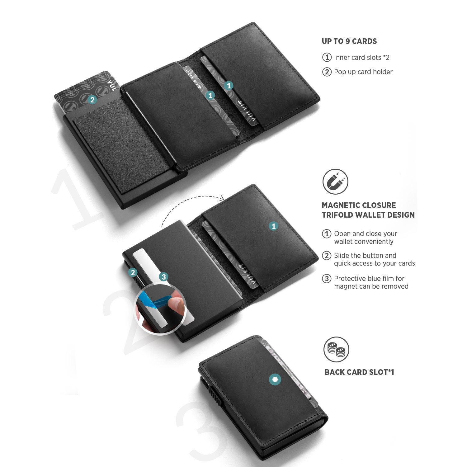 VC305P - Slim Leather Pop-Up Card Holder Wallet , RFID Blocking, Holds 11 Cards & Cash