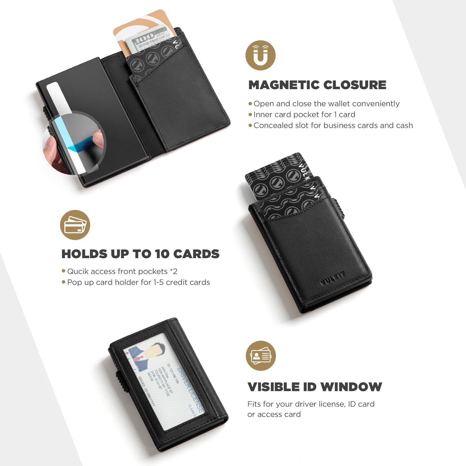 VC315P - Minimalist Top Grain Leather Wallet with ID Window, RFID Blocking, Pop Up Card Holder & Magnetic Closure