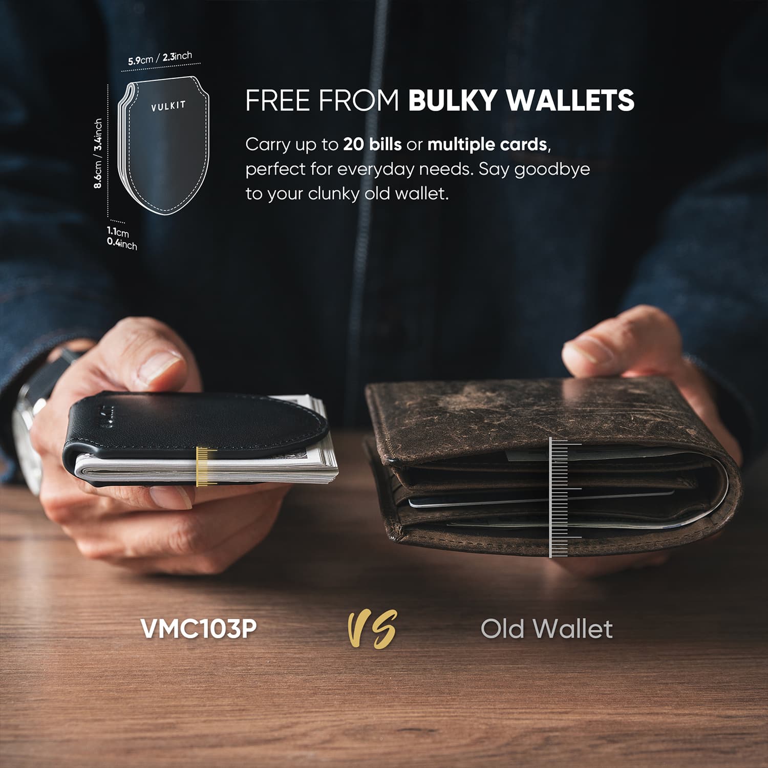 VMC103P - Genuine Leather Magnetic Money Clip, Minimalist Design, Holds Up to 20 Cash