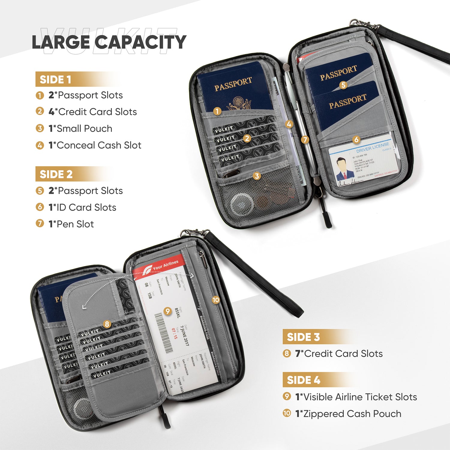 VPW103 - RFID Blocking Family Passport Holder Travel Wallet for 4 Passports with Wrist Strap for Tickets Money Cards