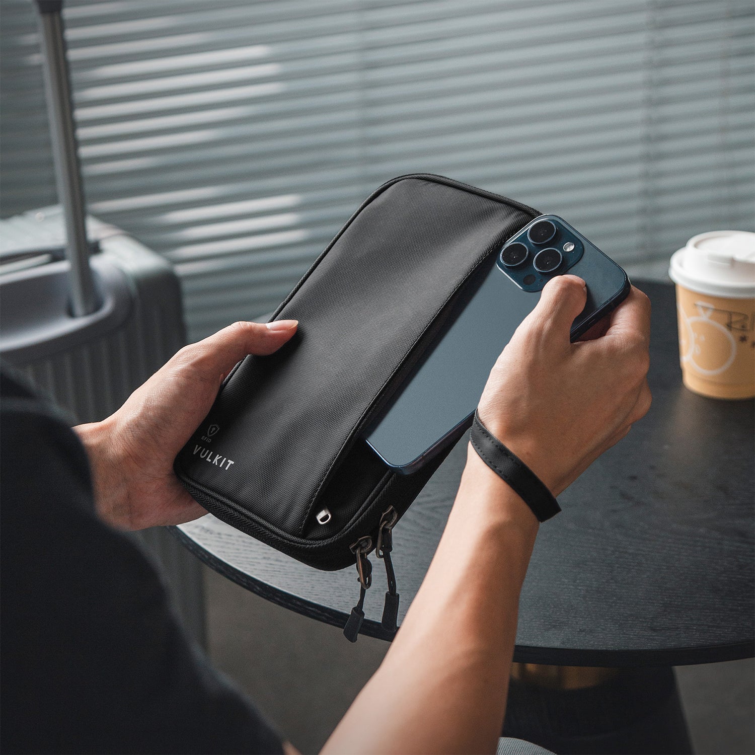 VPW103 - RFID Blocking Family Passport Holder Travel Wallet for 4 Passports with Wrist Strap for Tickets Money Cards