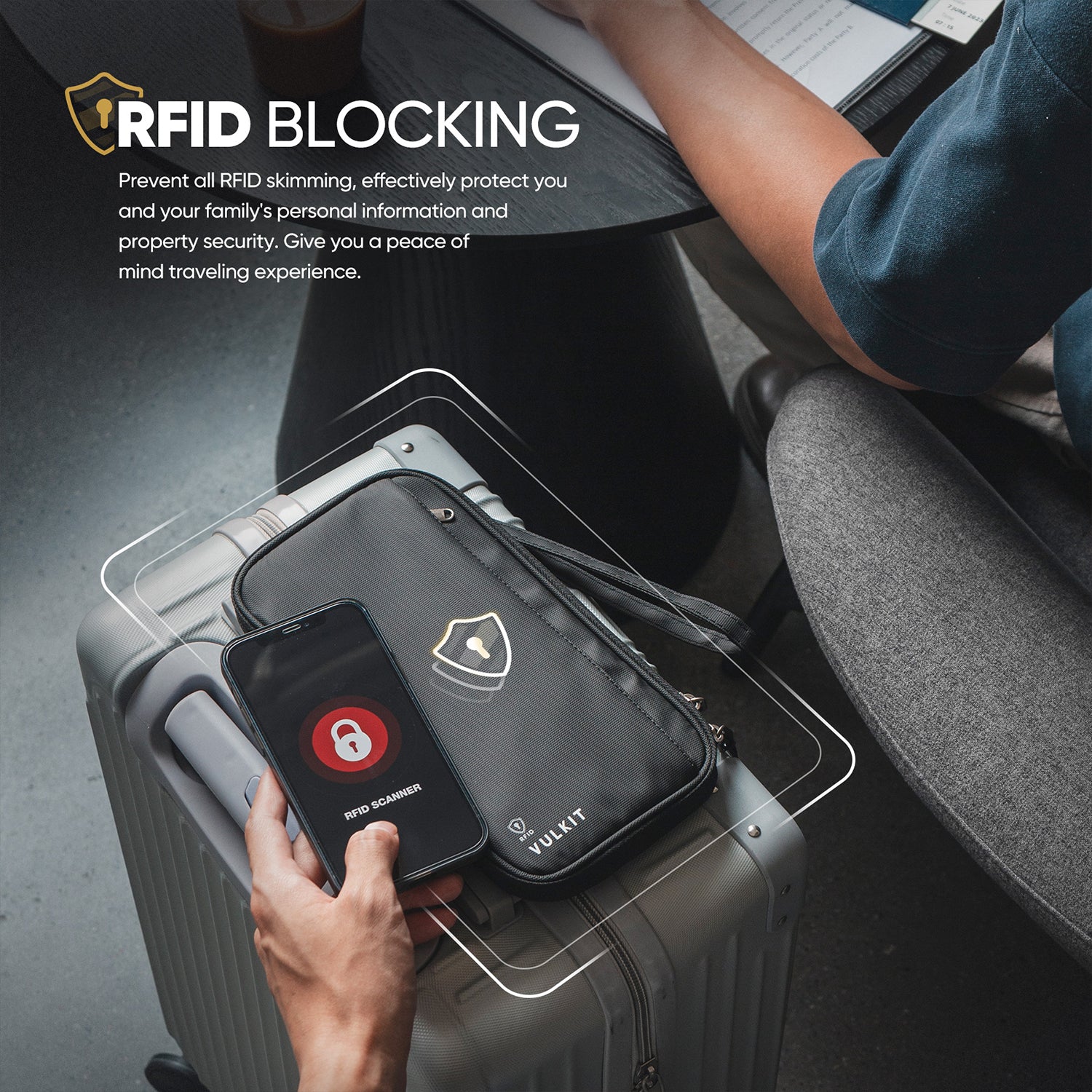 VPW103 - RFID Blocking Family Passport Holder Travel Wallet for 4 Passports with Wrist Strap for Tickets Money Cards