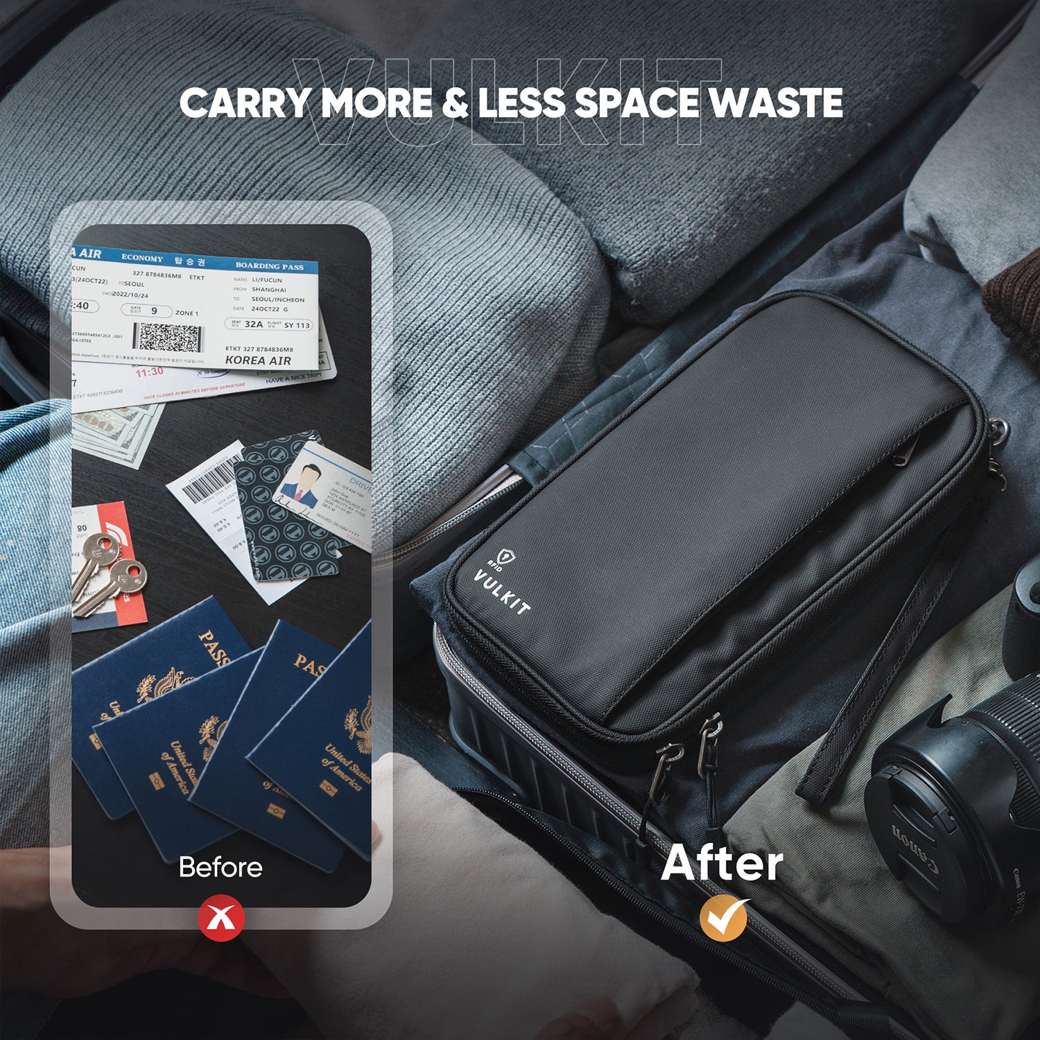 VPW103 - RFID Blocking Family Passport Holder Travel Wallet for 4 Passports with Wrist Strap for Tickets Money Cards