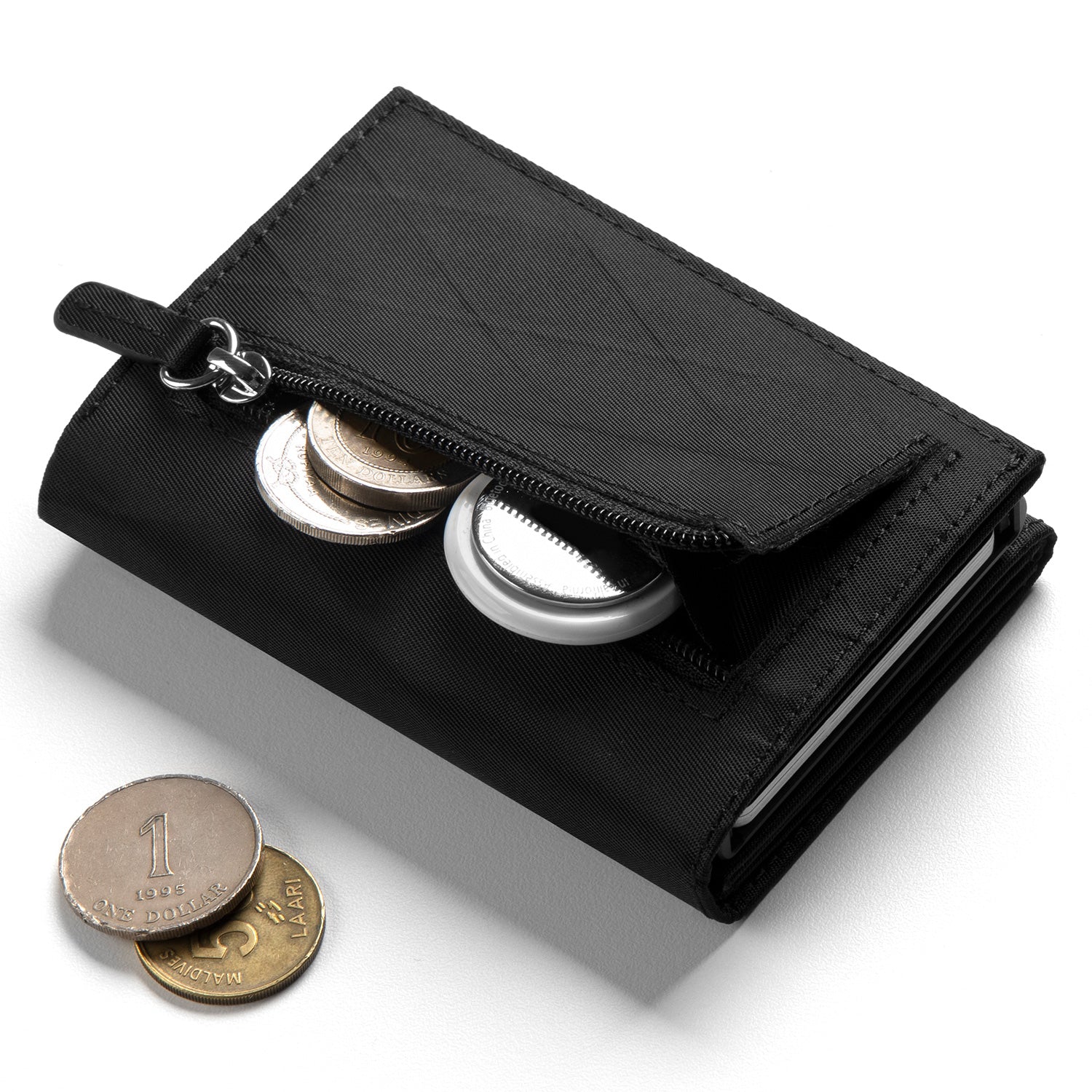 VC302F- Waterproof Fabic, Side Slider Mechanism, Back Zipper Slot, Magnetic Strip Closure Tri-fold Wallet