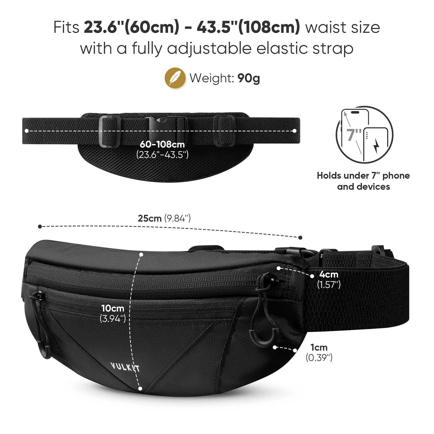 VRB101- Waterproof Waist Fanny Pack, Adjustable Running Belt for Phones Under 7''
