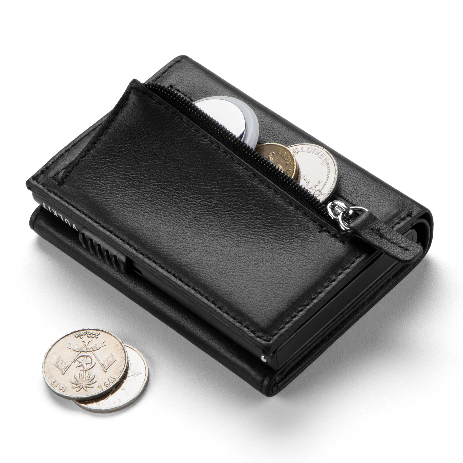 VC302P- Genuine Leather, Side Slider Mechanism, Back Zipper Slot, Magnetic Strip Closure Tri-fold Wallet