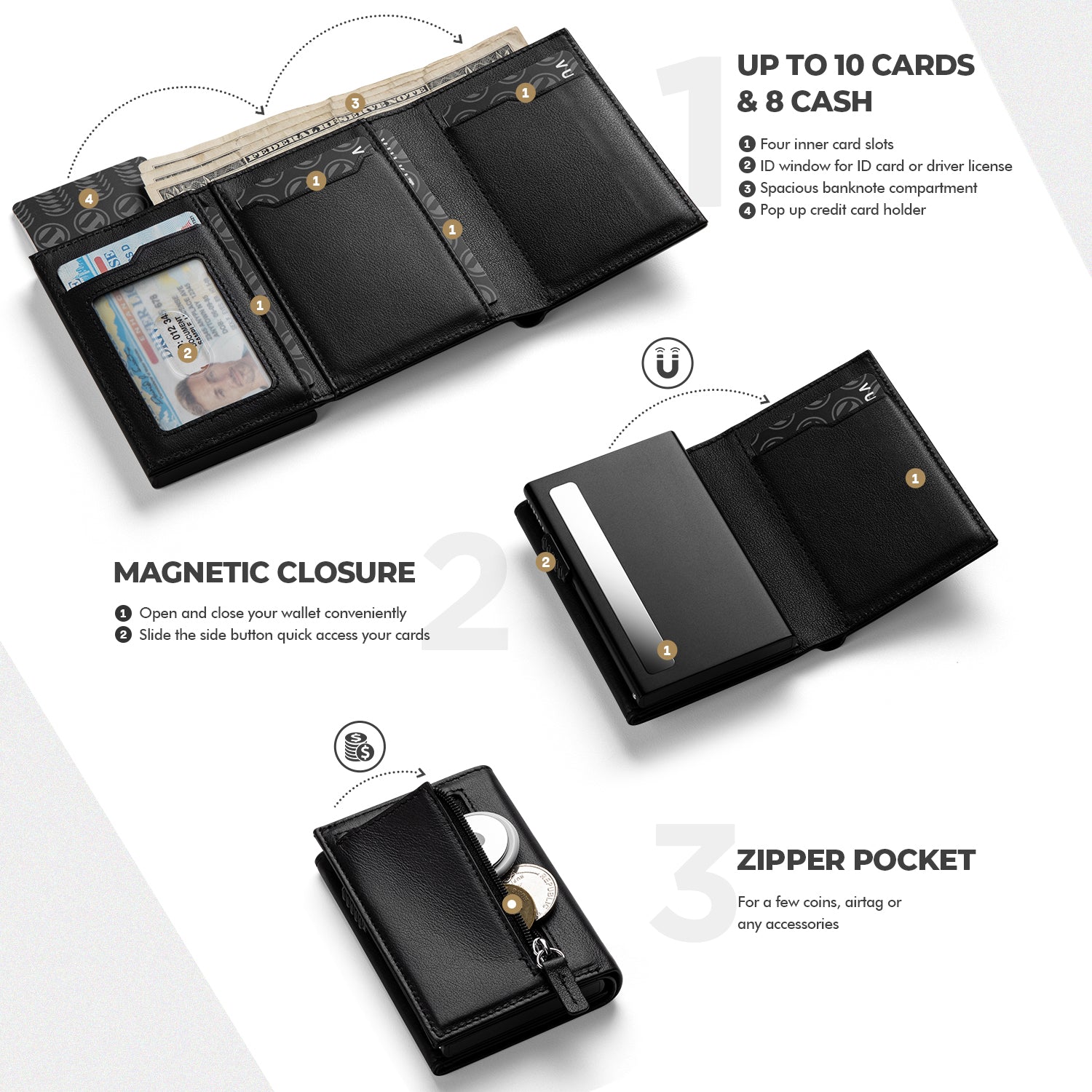 VC302P- Genuine Leather, Side Slider Mechanism, Back Zipper Slot, Magnetic Strip Closure Tri-fold Wallet
