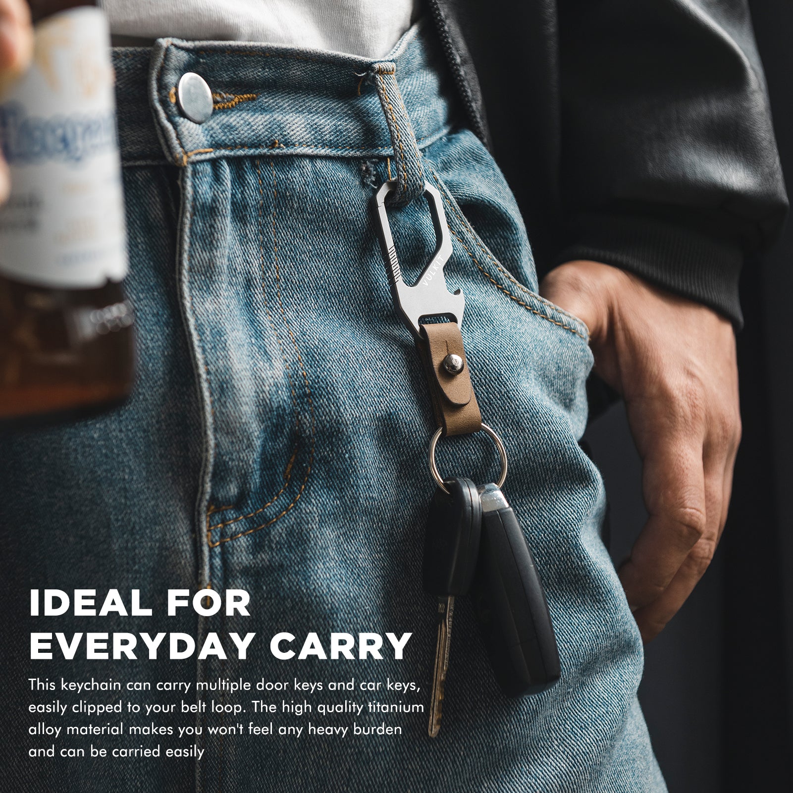 VKC100 - Titanium Leather Belt Loop Keychain with Bottle Opener