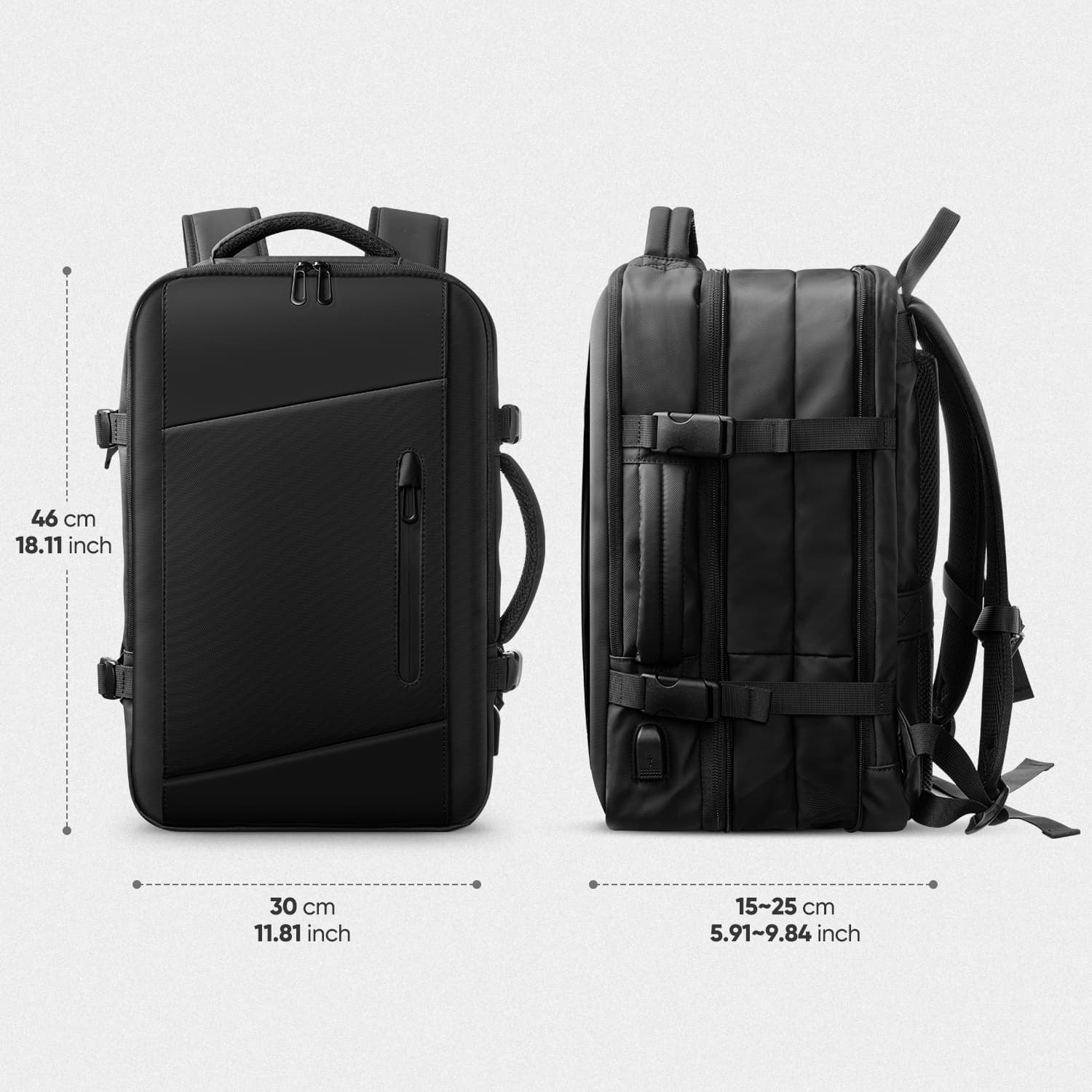 VBP100 – Large Travel Backpack with USB Port, Waterproof, Expandable for Weeklong Trips Black