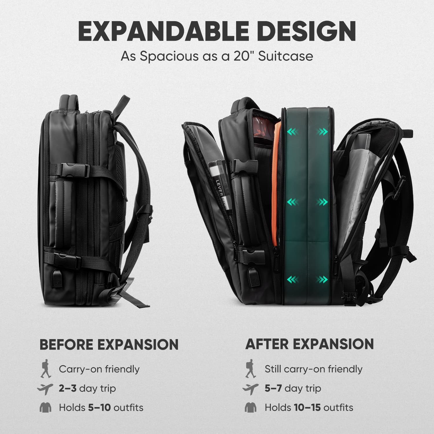 VBP100 – Large Travel Backpack with USB Port, Waterproof, Expandable for Weeklong Trips Black