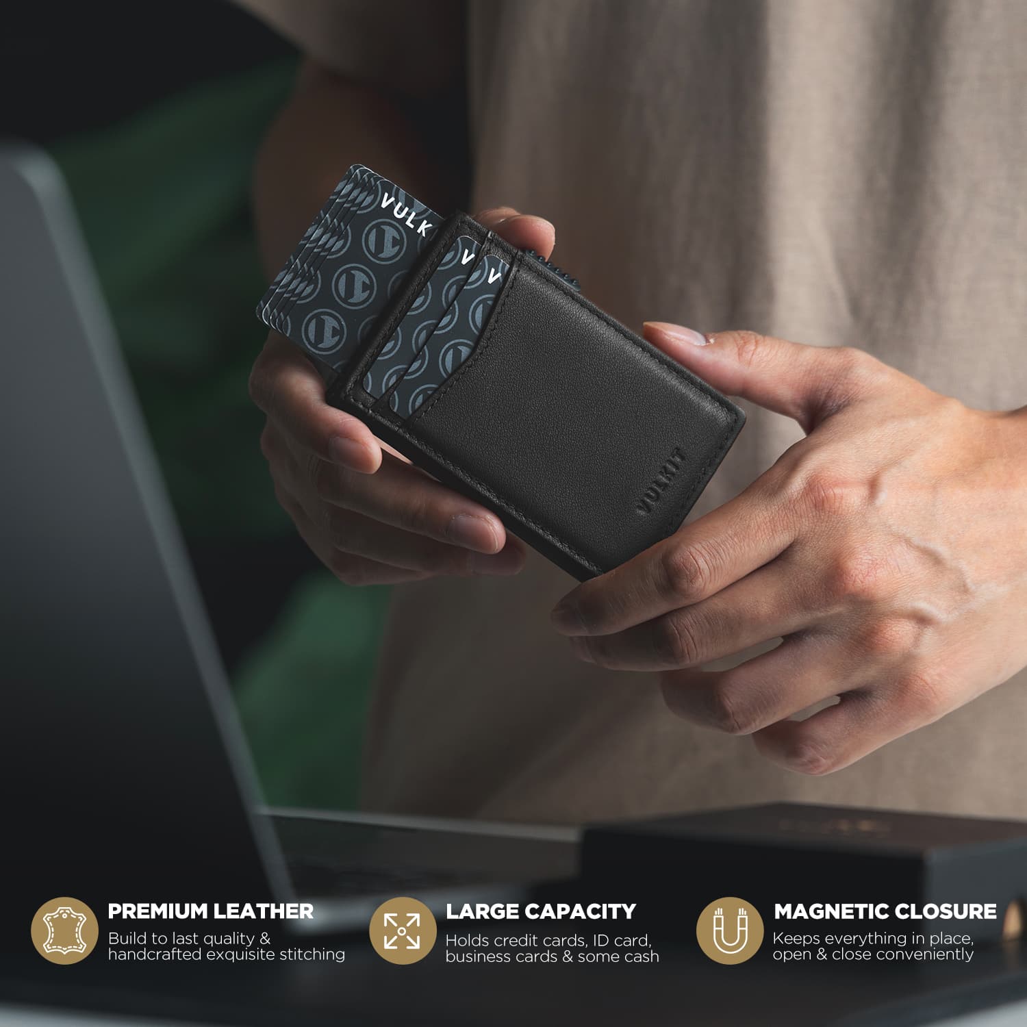 VC315P - Minimalist Top Grain Leather Wallet with ID Window, RFID Blocking, Pop Up Card Holder & Magnetic Closure