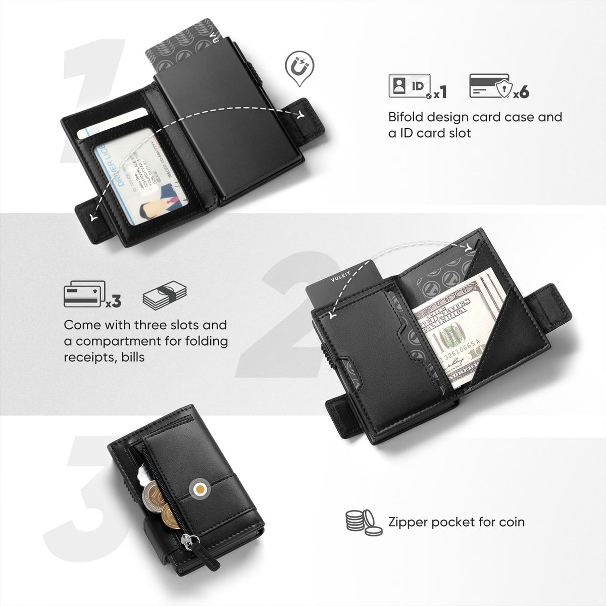 VC317 RFID Blocking Leather Bifold Wallet For Men, Id Window & Zipper Coin Pocket