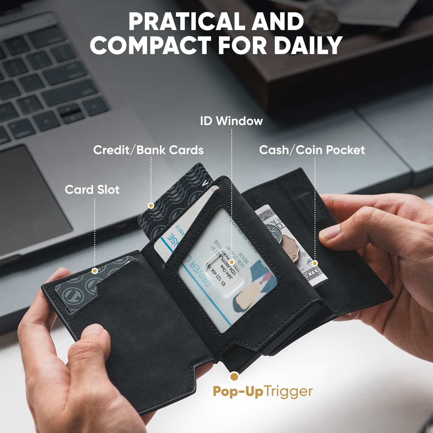 VC418 - Card Holder with Airtag Cover, Pop-Up Credit Card Ejector RFID Blocking, ID Window and Coin Pocket, Magnetic Closure