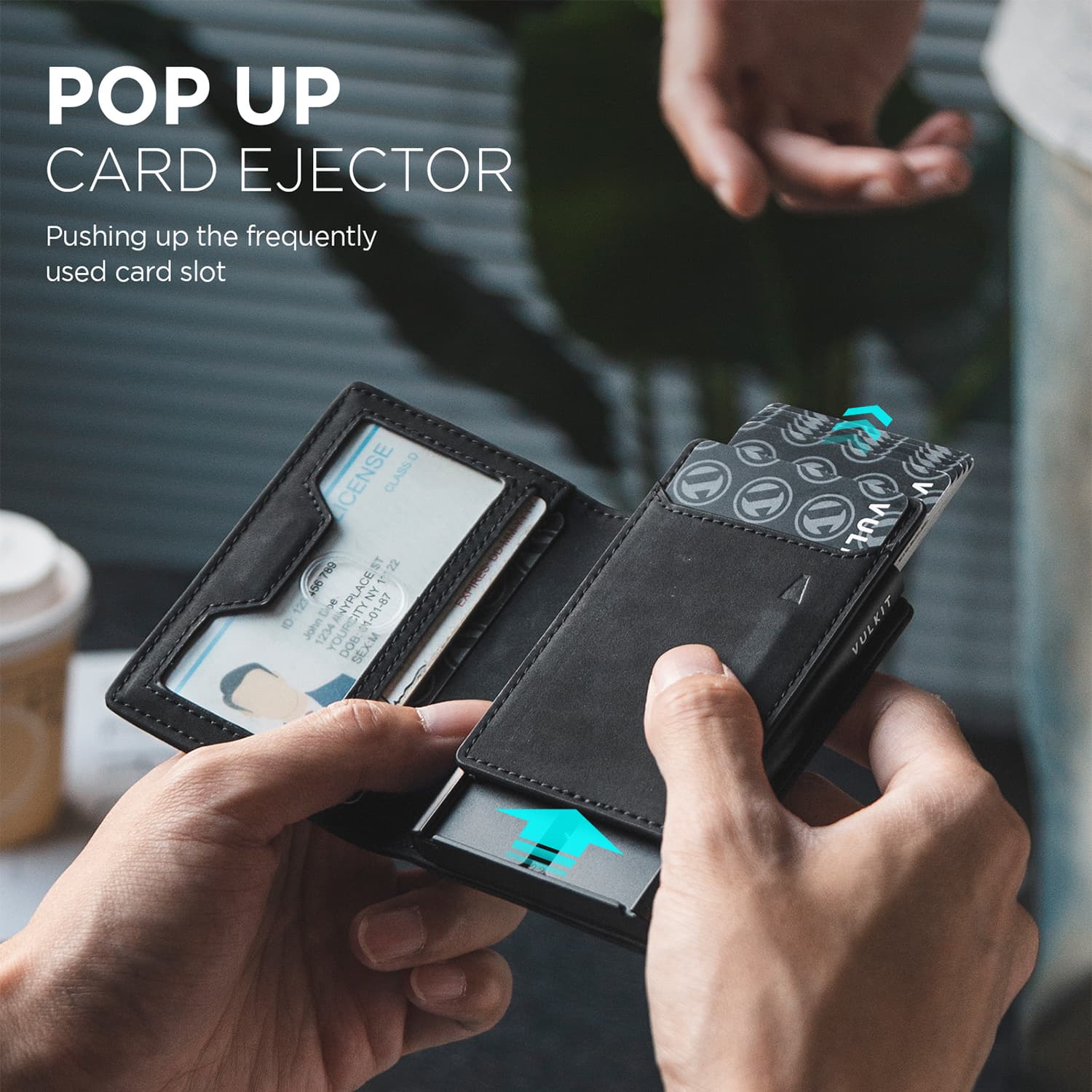 VC502 - Card Holder with Card Ejector, RFID Blocking, Zipper Coin Pocket, ID Window, and Magnetic Closure