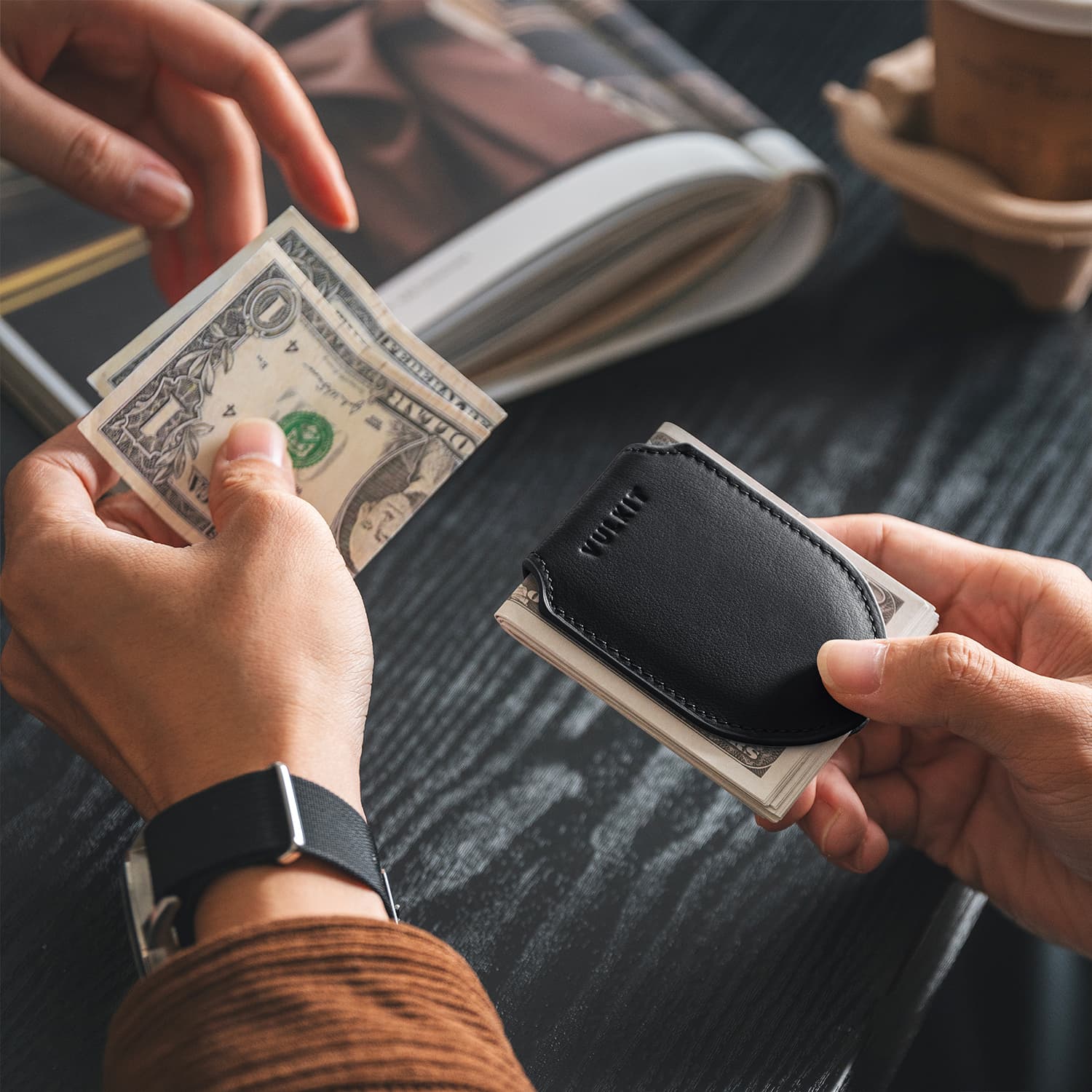 VMC103P - Genuine Leather  Magnetic Money Clip, Minimalist Design, Holds Up to 20 Cash