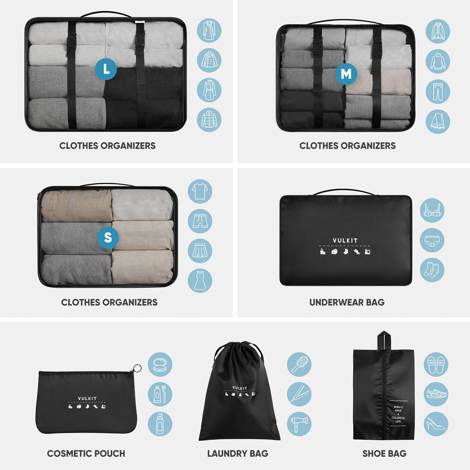 VTB100 - 7PCS Waterproof Travel Packing Cubes Set for Suitcase and