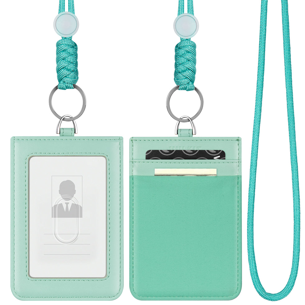 VULKIT Vertical Leather Badge Holder With Lanyard - Clear ID Window, Card Slot & Money Pocket, Navy, Detachable