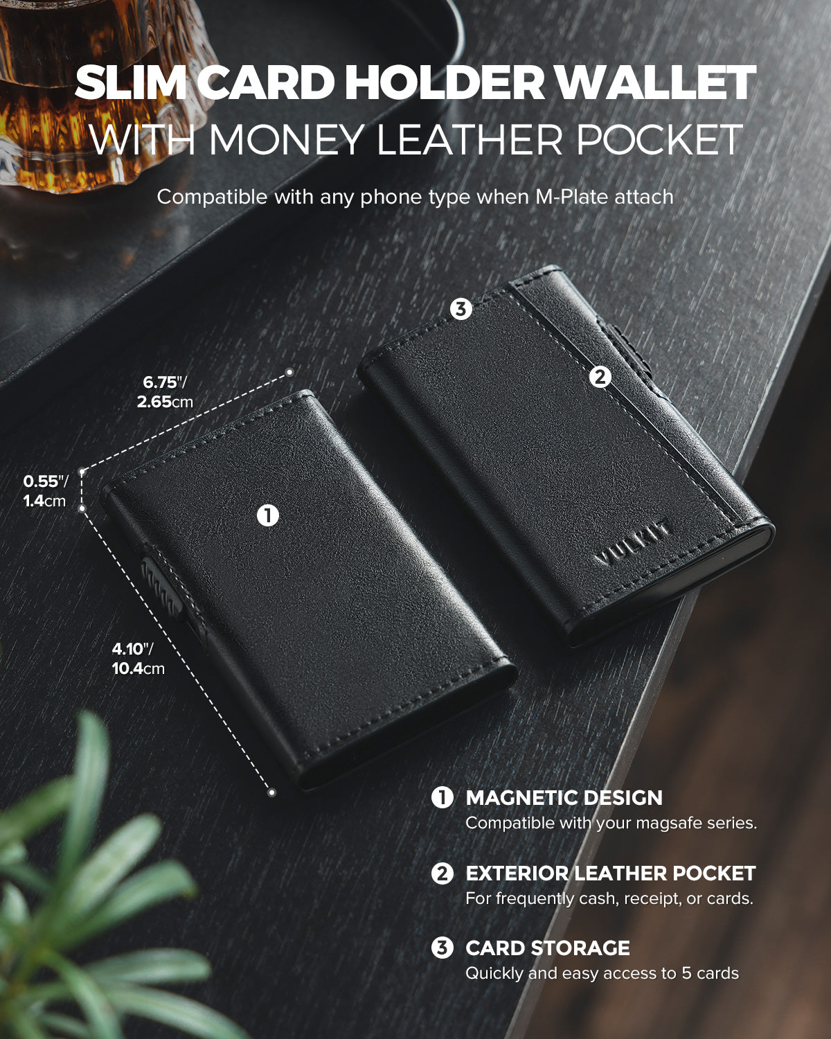 VULKIT Card Holder Wallet with Coin Pocket Magnetic Closure Pop Up Cards  With ID Window Leather Wallet for Cash & Credit Cards, Black