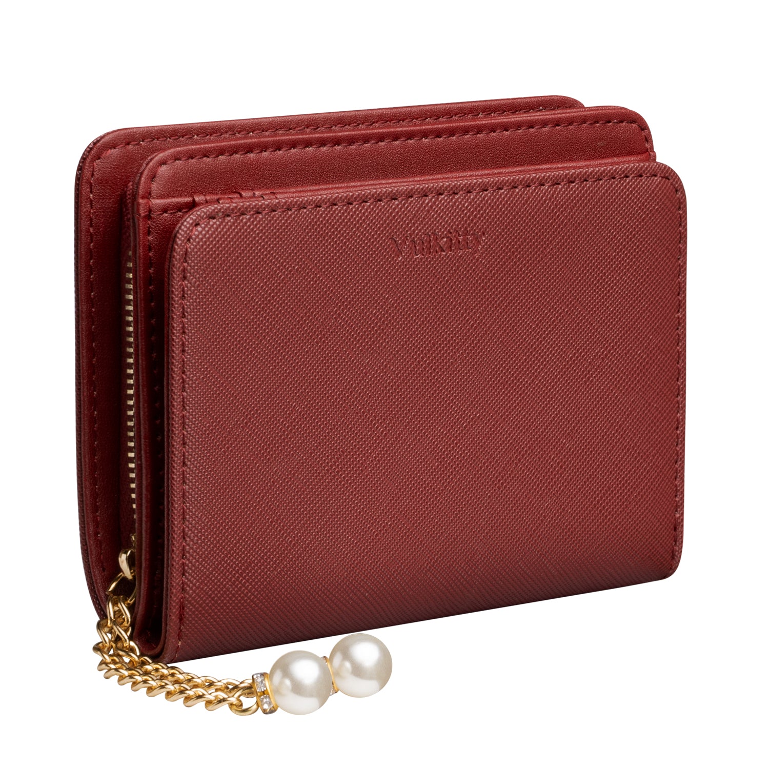 KW105- Women Bifold Small Compact Wallets with Zipper Pocket & ID Window KW105-Dark-Red