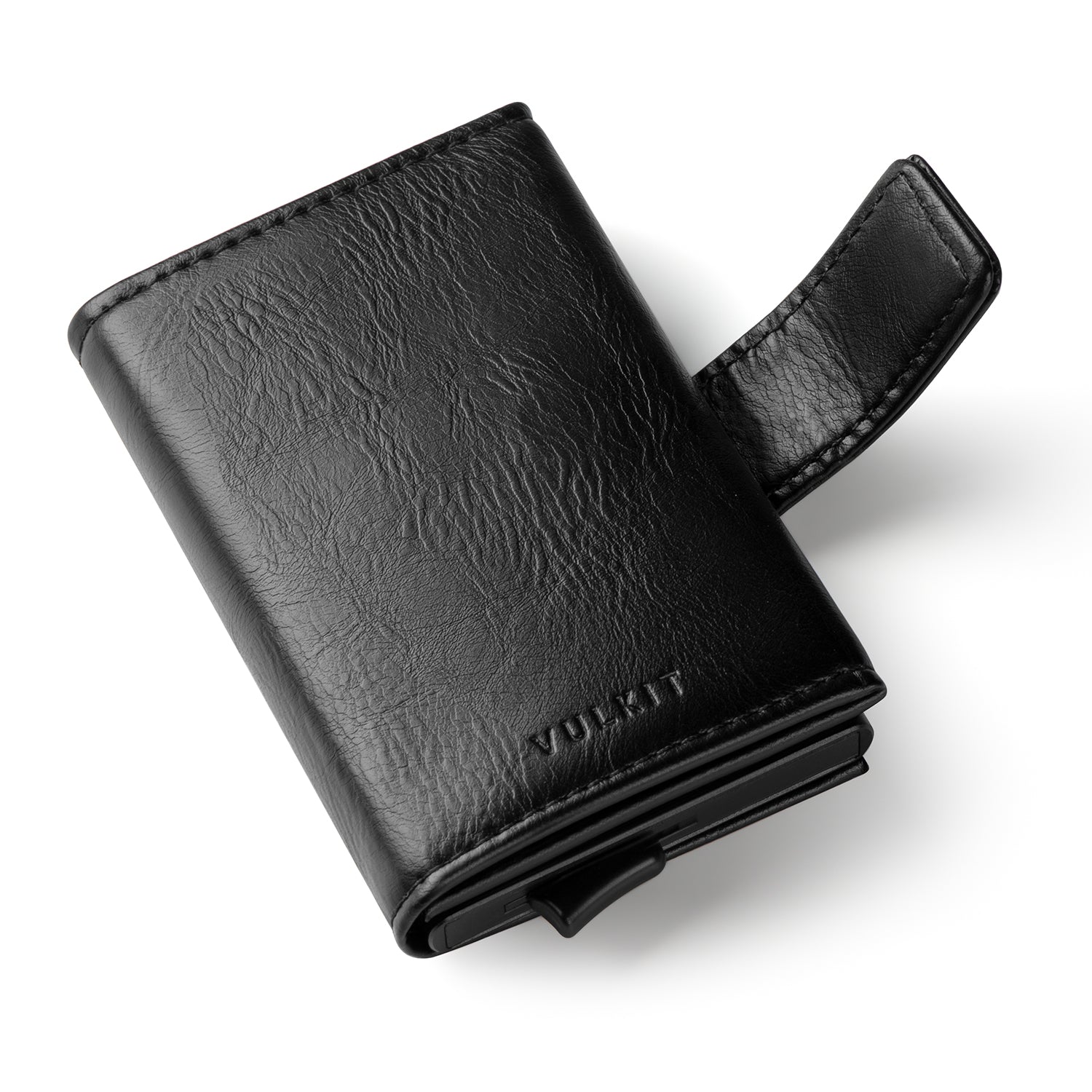 RFID Blocking Black Leather Trifold Wallet With Flip Up ID Holder